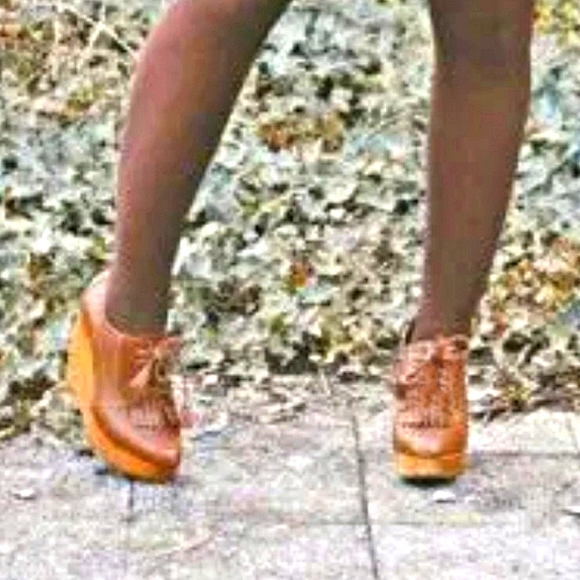 Lovely People Wedges Cognac Oxford Vintage Style Free Lace Fringe Tassel Brown - Picture 3 of 11